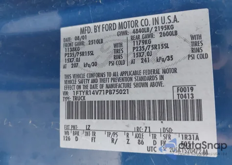 2001 Ford Ranger Edge/Xl/Xlt из США, поврежденный, VIN 1FTYR14V71PB75021